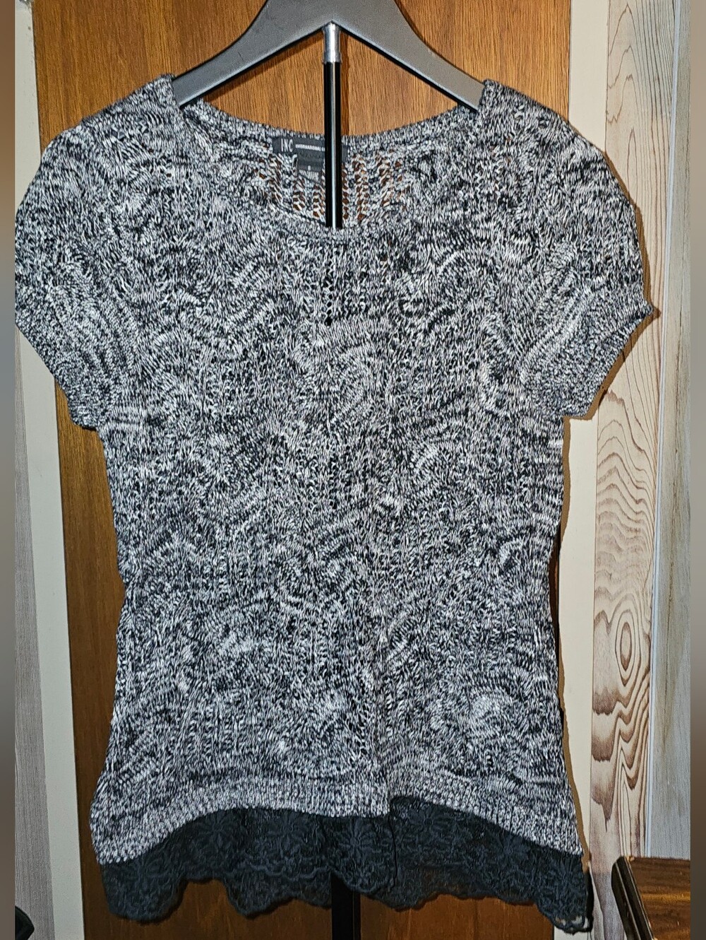 INC International Concepts Black and White Marled Short Sleeve Knit Top